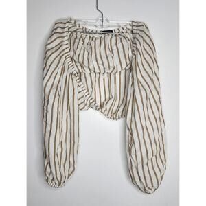 Dynamite Striped Puff Sleeve Shrug Top Womens XS White Tan Linen Tencel Cropped